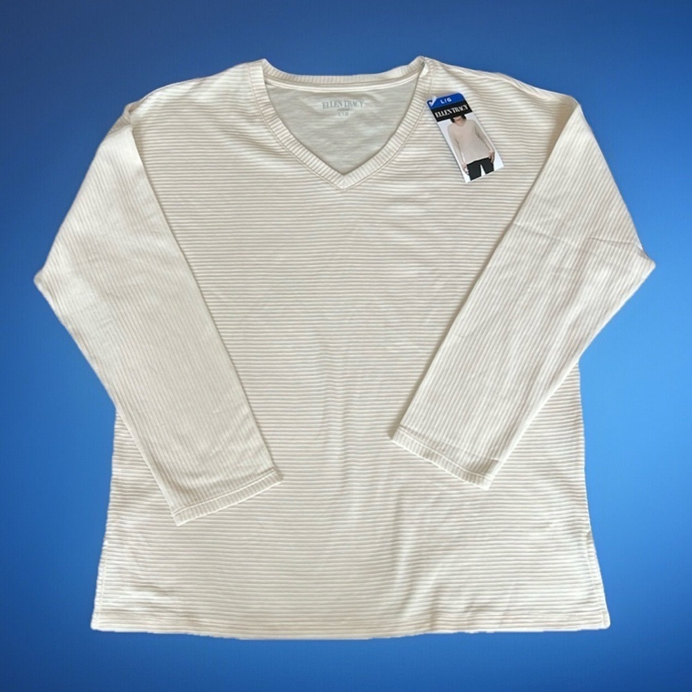 NWT Ellen Tracy Cream Ribbed Long Sleeve Oversized V-Neck Top sz L